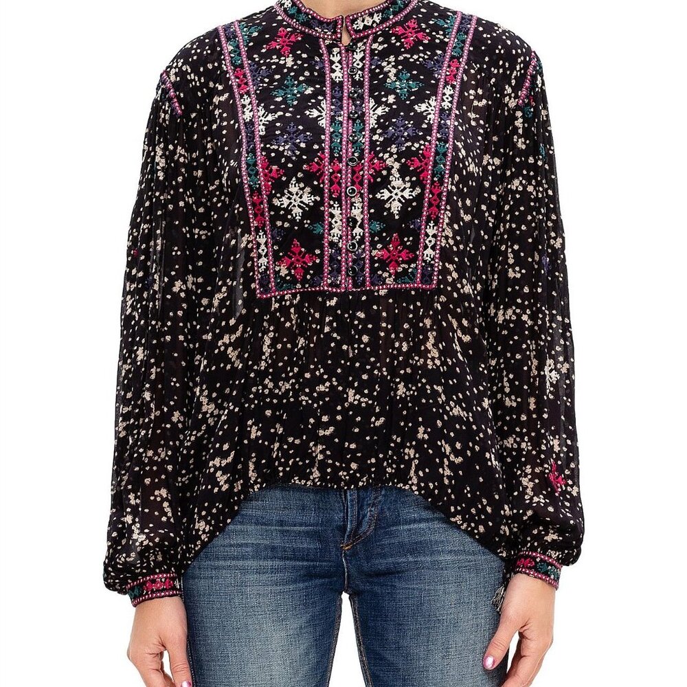 Isabel Marant Blouse Sz 36 S Black Embroidered Boho Tunic Holiday Snowflakes